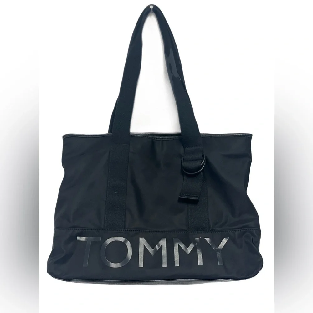 Tommy Hilfiger Black Satchel with Red Interior Accents Shiny Logo Messenger Bag